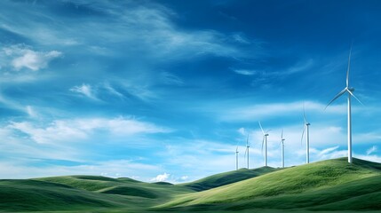 Obraz premium A serene landscape featuring wind turbines on green hills under a bright blue sky.