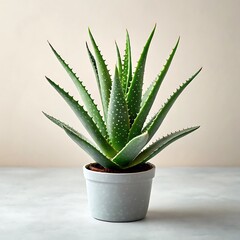 A close up of an aloe vera plant in a white pot against a neutral background in a studio setting