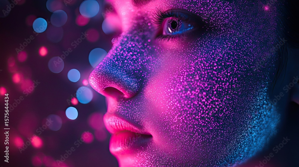 Poster abstract face scan made with pink and teal light particles representing biometric tech and digital i