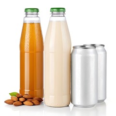 Still life of juice and milk bottles with green caps and aluminum cans and almonds on a white background