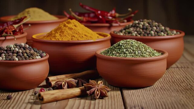 Variety of Spices in Terracotta Bowls with Cinnamon and Anise on Rustic Wood Table in Warm Light