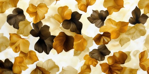 A seamless pattern of stylized ginkgo leaves in various shades of gold, brown, and beige on a white background.