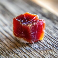 Close-up of a cubed tuna sushi piece on wood
