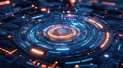 Abstract floating HUD design with futuristic digital elements and blue light interface components in 3D view