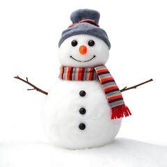 A cheerful snowman with a striped scarf and a gray hat isolated on a white background in a studio shot