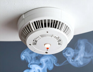 Smoke detector on ceiling with smoke rising, indoor warning concept