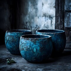 Fototapeta premium Textured Teal Blue Pottery Bowls Rustic Still Life