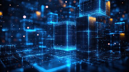 Abstract glowing block art glowing softly with blue neon light illustrating modern digital technology and futuristic design