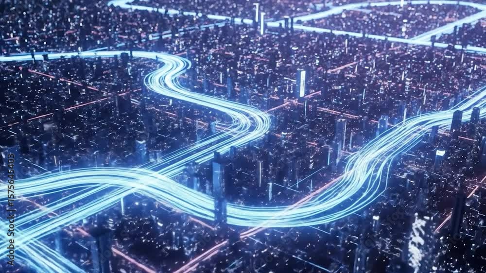 Aufkleber futuristic cityscape with glowing blue lines representing data flow and networks