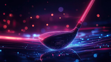 Abstract glowing graphic of golf club head, futuristic sports design with neon light effects and clean digital shapes