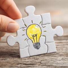 Hand holding jigsaw puzzle piece with lightbulb sketch