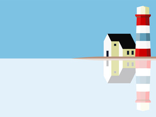 Minimalist illustration of a lighthouse and a small house with their reflections on a calm body of water under a clear blue sky.