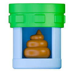 Fecal sample container with green lid for medical analysis. 3d illustration.