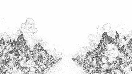 Detailed grayscale landscape with mountains and clouds.