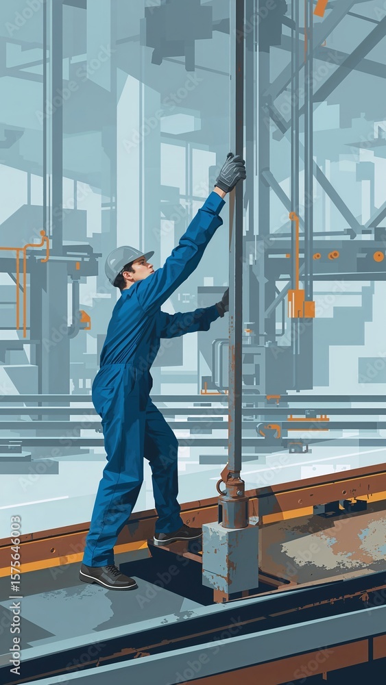 Aufkleber industrial worker in blue uniform operating machinery in a modern factory setting with structural el