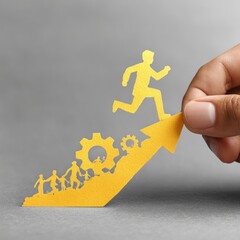 Hand holds paper arrow, people climbing, upward progress