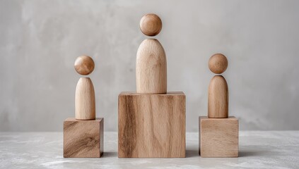 Three wooden figurines on tiered blocks