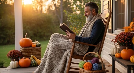 Serene Autumn Reading: Man Enjoys Book on Porch, Warm Sunlight, Pumpkins.