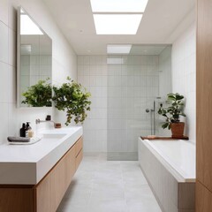 Modern, bright bathroom with wood vanity and plants