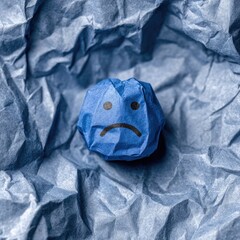 Crumpled blue paper ball with sad face
