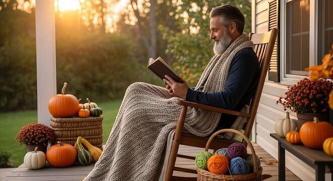 Serene Autumn Reading: Man Enjoys Book on Porch, Warm Sunlight, Pumpkins.