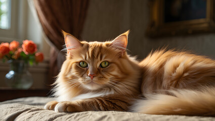 Cute white domestic kitten sits on a window sill or table