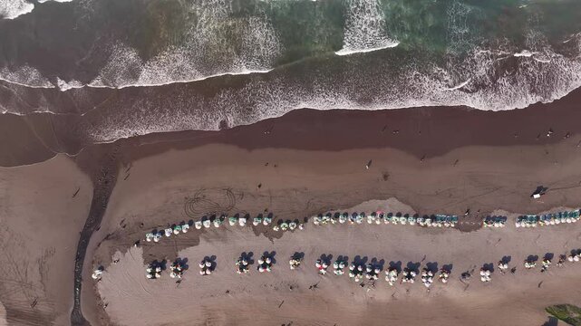 Aerial scene of a vibrant beach with incoming tides and row of umbrella, viewed directly from above. Parangtritis Beach, Indonesia.