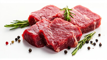 Fototapeta premium Fresh raw pork steaks with rosemary sprig and peppercorns ingredient for cooking on white background 