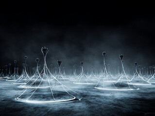 Abstract landscape of luminous structures.