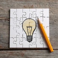 A hand-drawn lightbulb graphic on a white jigsaw puzzle piece, next to a yellow pencil, on a wood surface