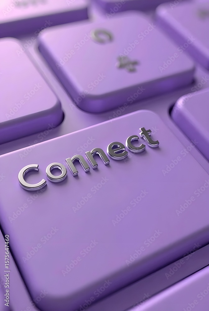 Poster a closeup of a purple keyboard with a metallic connect key, vertical composition. the image showcase