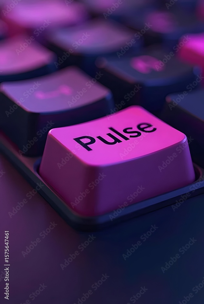 Poster vibrant purple keyboard key with the word pulse highlighted, vertical composition. a closeup shot sh