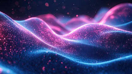 Abstract tech background with pink and blue digital waves, futuristic motion pattern and glowing energy swirl design