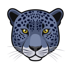 Blue leopard head on black background vector illustration stylized design predatory cat with spots yellow eyes whiskers