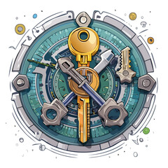Obraz premium Steampunk Vault Unlock: Keys and Gears on a Mechanical Lock