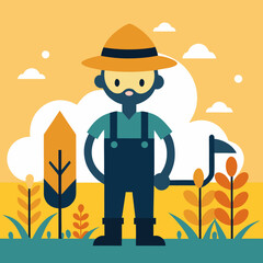 Cute Farmer Silhouette Holding Sickle in Field – Straw Hat and Harvest Scene for Agriculture Illustration

