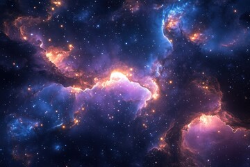 Colorful nebula clouds and bright stars filling deep space, glowing cosmic dust and interstellar gas forming intricate patterns in vast universe, no people or objects visible