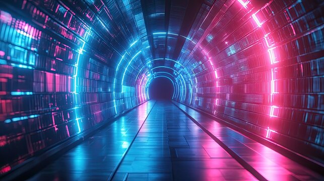 Abstract vibrant tile tunnel glowing with neon blue lines creating dynamic geometric shapes for futuristic digital backgrounds
