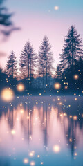 Dreamlike forest at dusk with tall trees and magical fireflies reflecting over a tranquil lake