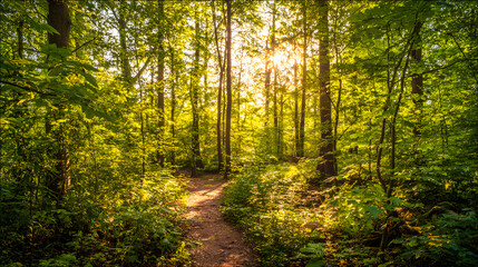 Fototapeta premium Sunlit forest path with golden rays through trees, a serene nature escape