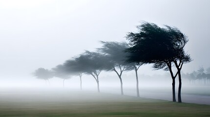Wind-bent trees in thick fog, dramatic weather scene with strong wind and mist over field, nature force in atmospheric landscape