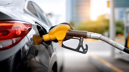Fueling Up – Close-Up View of Yellow Nozzle in Car’s Tank Capturing Urban Routine, Energy Flow, and Everyday Mobility Aesthetics