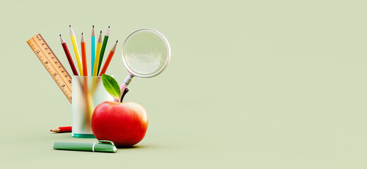 Apple and school accessories on green background with copy space. Ready for school concept design. 3D Rendering, 3D Illustration