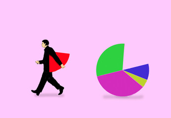 Businessman taking a piece of a pie chart illustration on a pink background