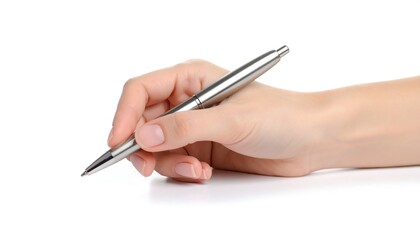 Hand holding a metallic pen