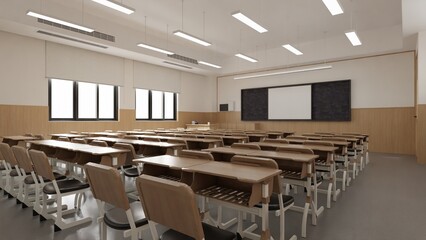 Modern Classroom Interior Design with Desks and Chairs - 3d Rendering