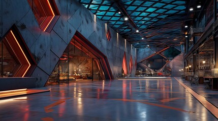 A wide shot of a modern lobby, hangar, or co-working space with futuristic design, concrete walls, and glowing details. A concept for modern architecture and sci-fi backgrounds