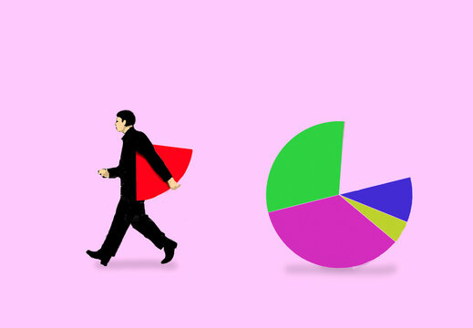 Businessman taking a piece of a pie chart illustration on a pink background