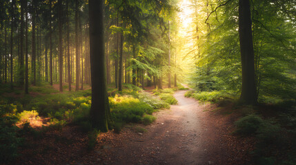 Obraz premium Sunlit forest path with golden rays through trees, a serene nature escape