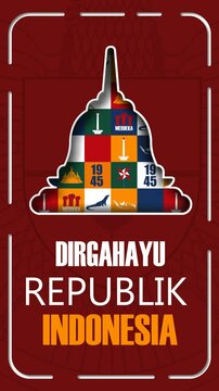 Vertical looping 4K animation celebrating Indonesia&rsquo;s Independence Day with a Borobudur silhouette filled with patriotic icons, set against a bold red backdrop and modern typographic layout.